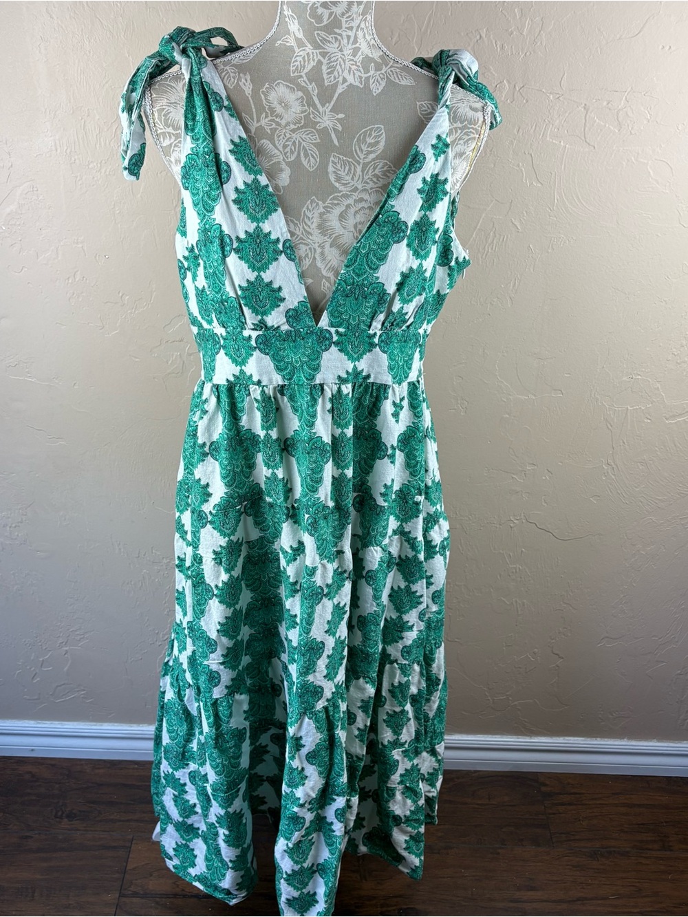 House of Harlow 1960 Green Printed Tiered Dress Linen Sleeveless Women’s Large - Picture 6 of 16